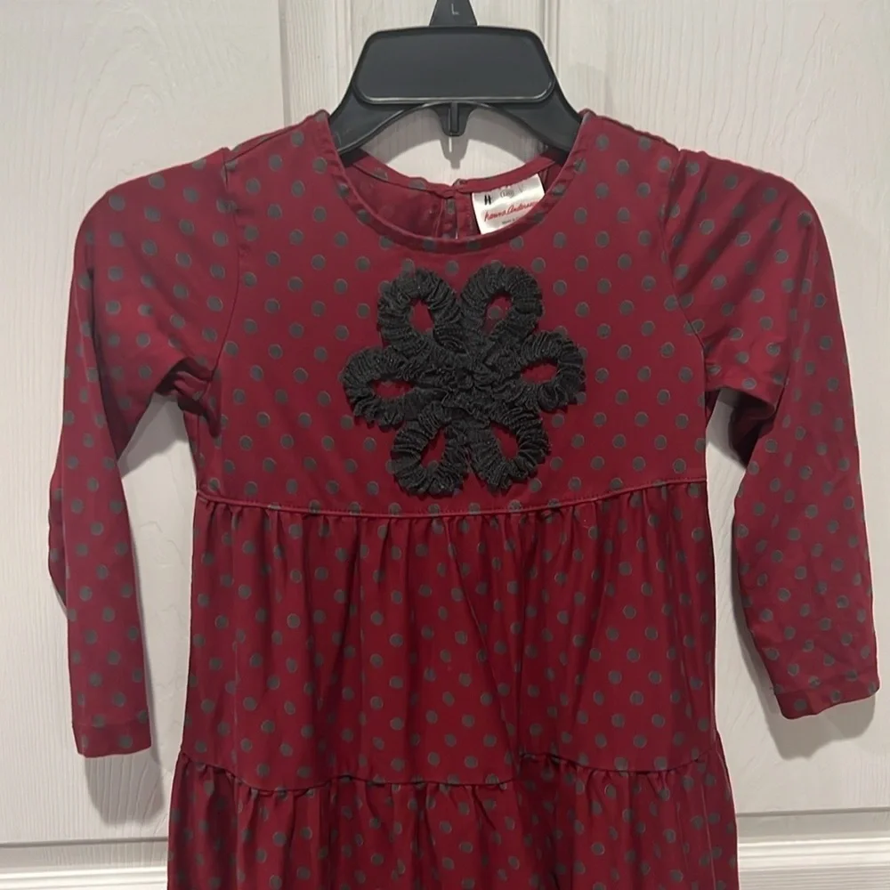 Hanna Anderson maroon gray polka dot long sleeve girls tiered dress size 6-7